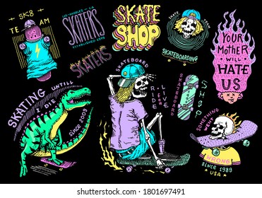 Skateboard shop stickers set. Dinosaur and skeletons ride on the boards badges. Fiery head and skull. Vintage retro labels for t-shirts and typography. Hand Drawn engraved sketch.