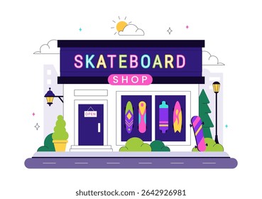 Skateboard Shop Vector Illustration Featuring a Shop That Sells Skateboards Equipment Such as Boards, Wheels, and Other Accessories Background