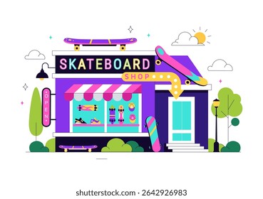 Skateboard Shop Vector Illustration Featuring a Shop That Sells Skateboards Equipment Such as Boards, Wheels, and Other Accessories Background