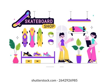 Skateboard Shop Vector Illustration Featuring a Shop That Sells Skateboards Equipment Such as Boards, Wheels, and Other Accessories Background