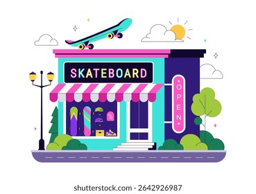Skateboard Shop Vector Illustration Featuring a Shop That Sells Skateboards Equipment Such as Boards, Wheels, and Other Accessories Background