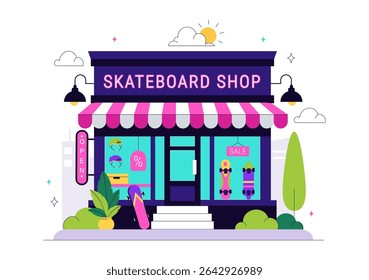 Skateboard Shop Vector Illustration Featuring a Shop That Sells Skateboards Equipment Such as Boards, Wheels, and Other Accessories Background