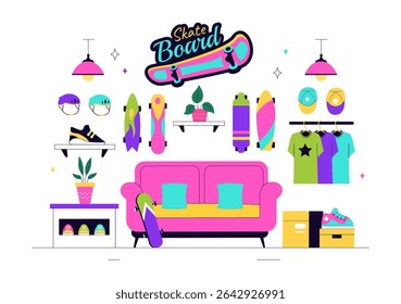 Skateboard Shop Vector Illustration Featuring a Shop That Sells Skateboards Equipment Such as Boards, Wheels, and Other Accessories Background
