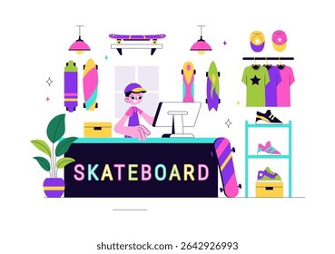 Skateboard Shop Vector Illustration Featuring a Shop That Sells Skateboards Equipment Such as Boards, Wheels, and Other Accessories Background