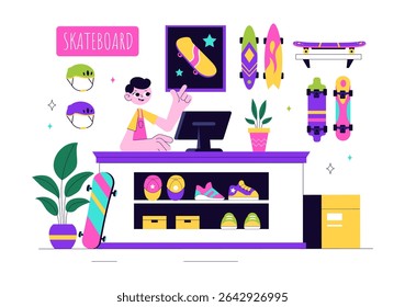 Skateboard Shop Vector Illustration Featuring a Shop That Sells Skateboards Equipment Such as Boards, Wheels, and Other Accessories Background