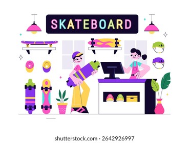 Skateboard Shop Vector Illustration Featuring a Shop That Sells Skateboards Equipment Such as Boards, Wheels, and Other Accessories Background