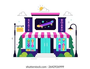 Skateboard Shop Vector Illustration Featuring a Shop That Sells Skateboards Equipment Such as Boards, Wheels, and Other Accessories Background