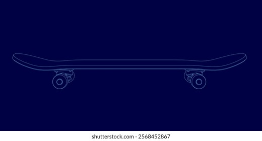 Skateboard is shown in a blue background. The skateboard is shown in a very stylized way, with the wheels and trucks being the only parts of the skateboard that are visible