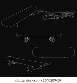 A skateboard is shown in different angles. The skateboard is black and white