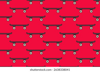 skate visão lateral padrão colorido no fundo vermelho. skater board com rodas e caminhões rabiscar fundo padrão sem costura para skate esporte e peças de skate loja merchandise