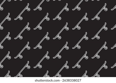 skate com vista lateral arte de linha padrão sem emenda no fundo preto. skate retro gravando fundo padrão de incubação para skate esporte e peças de skate loja mercadoria