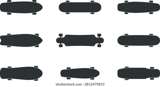 Colección de Paquete de la silueta del monopatín, variaciones de la cubierta del longboard, equipo urbano del patinaje, paquete aislado del diseño de la Ilustración vectorial