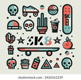 Skateboard SK8 subculture design elements, youth style, decor of clothing, accessories, sportswear