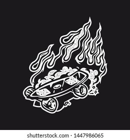 Skateboard Skate Deck Dust Stamp Fire Flame Punk Screen Print Shirt Graphic Black Vector Vintage Style Isolated