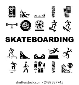 skateboard skate skater board icons set vector. jump sport, man boy, people freestyle, cool young, skatepark crazy, balance skateboard skate skater board glyph pictogram Illustrations