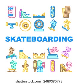 skateboard skate skater board icons set vector. jump sport, man boy, people freestyle, cool young, skatepark crazy, balance skateboard skate skater board color line illustrations