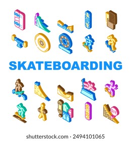 skateboard skate skater board icons set vector. jump sport, man boy, people freestyle, cool young, skatepark crazy, balance skateboard skate skater board isometric sign illustrations