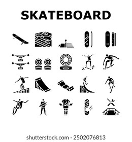 Skateboard Skate Skater Icons Set Vektor. Boardsprung, Boysport, Street Cool, Mann Sommer, Park City, Trick junge Luft städtischen Skateboard Skater Skater Glyphe Piktogramm Illustrationen