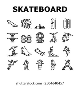 skateboard skate skater icons set vector. board jump, boy sport, street cool, man summer, park city, trick young air urban skateboard skate skater black contour illustrations