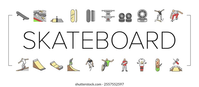 skateboard skate skater icons set vector. board jump, boy sport, street cool, man summer, park city, trick young air urban skateboard skate skater color line illustrations