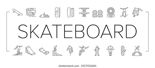 skateboard skate skater icons set vector. board jump, boy sport, street cool, man summer, park city, trick young air urban skateboard skate skater black contour illustrations