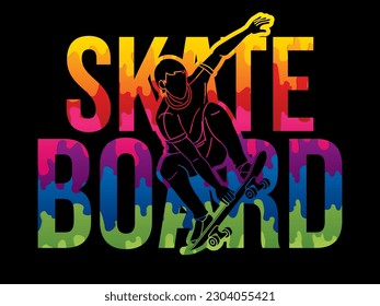 Skateboard and Skateboarder Action with Text Font Design Cartoon Graphic Vector