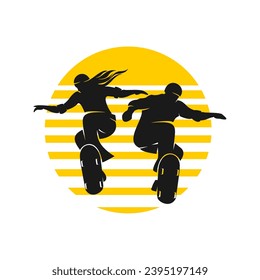 Skateboard Skater Boy and Girl Silhouette With Sun Background Logo Vector