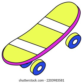 Skateboard skating hobby and entertainment for teens and youth. Narrow board with wheels fixed to bottom. Sports activities. Isolated 1990s sticker or 90s patch, logo part. Vector in flat style