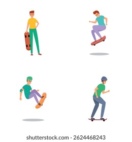 Skateboard skating icons set cartoon vector. Guy and girl riding skateboard. Youth urban culture