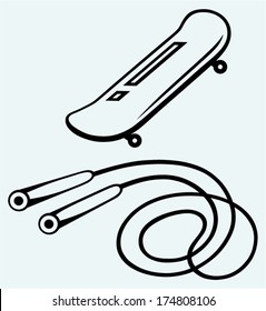 Skateboard and skipping rope. Image isolated on blue background
