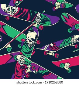 Skateboard with skull decal Seamless Pattern in Comic Style, for background wallpaper