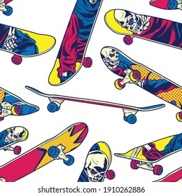 skateboard with skull decal seamless pattern in comic style, for background wallpaper