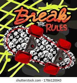 Skateboard Skull pattern sport illustration for ,slogan success positive thinking, motivation, On camouflage background . tee shirt graphics, break the rules typography.