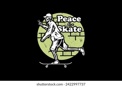 skateboard with skull peaceful funky illustration artwork with street wear style
