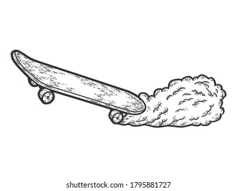 Skateboard and smoke from under wheels. Sketch scratch board imitation.
