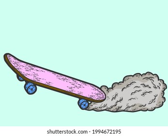 Skateboard and smoke from under wheels. Sketch scratch board imitation color.