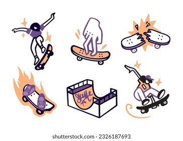 Skateboard sticker set, fire, creative, prints, stickers, fingerboard, broken skateboard, skateboarder girl and man.Vector outline style.