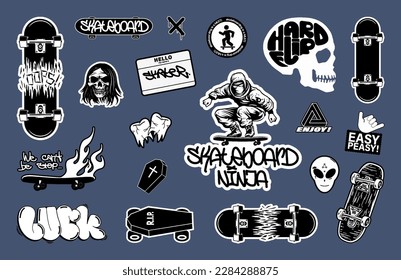 Skateboard stickers, patches, badges, labels. Atmospheric stickers skateboard concept, boards, graffiti, broken teeth, a coffin on wheels, skull, broken boards. Vector badges black and white, isolated