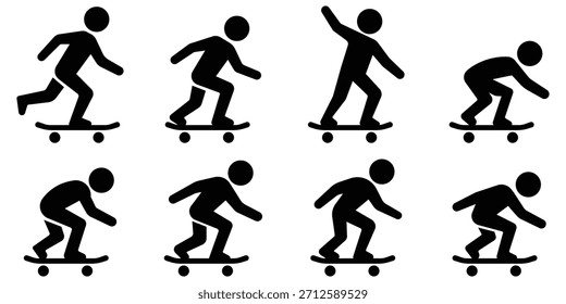 Conjunto de movimiento stickman de monopatín, paquete de figuras de acción de patinaje, colección de silueta de truco rodante