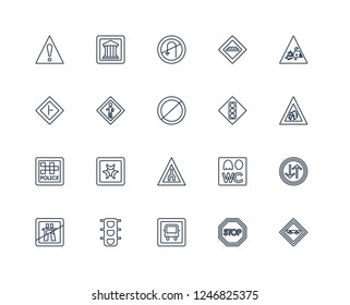 Skateboard, Stop, Bus stop, Traffic lights, End motorway, Pothole, , of way, Police station, Pedestrian, No turn outline vector icons from 20 set