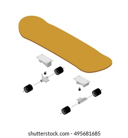 Skateboard structure. Board for skiing specification circuit. Transparent scheme of composition of deck and rolls for skateboarding. Sports tool to perform various tricks
