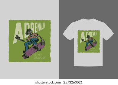 skateboard t shirt design with illustration skeleton playing skateboard