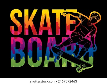 Skateboard Text Designed with Male Player Cartoon Extreme Sport Graphic Vector