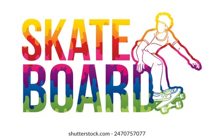 Skateboard Text Designed with Male Player Cartoon Extreme Sport Graphic Vector