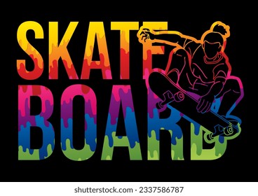 Skateboard Text Designed with Skateboarder Action Cartoon Extreme Sport Graphic Vector