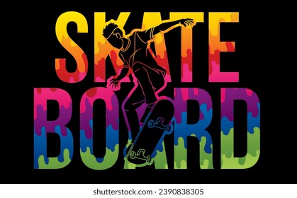 Skateboardtext mit Skateboarder Action Extreme Sport Cartoon Grafik-Vektorgrafik-Design