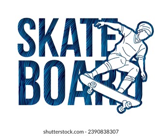 Skateboard Text Designed with Skateboarder Action Extreme Sport  Cartoon Graphic Vector