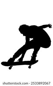 A skateboard that spans the bottom portion of the image is in motion and is positioned horizontally. Positioned in a dynamic, airborne skateboarding stance, with her body angled slightly forward. 