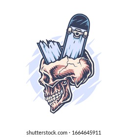 Skateboard through skull, hand drawn line with digital color, vector illustration