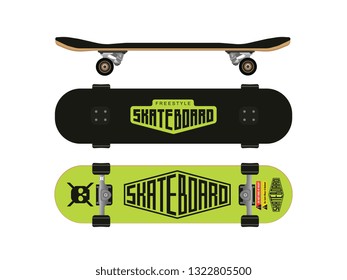 Skateboard top, side and bottom view